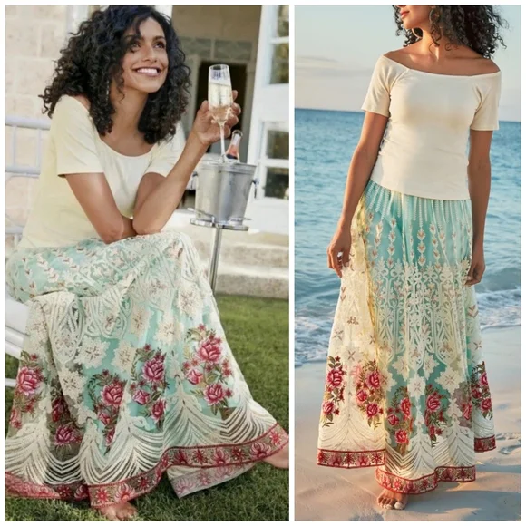 Soft Surroundings Intricate Embroidered Boho Floral Blue Red Analisa Skirt, M - Picture 1 of 14